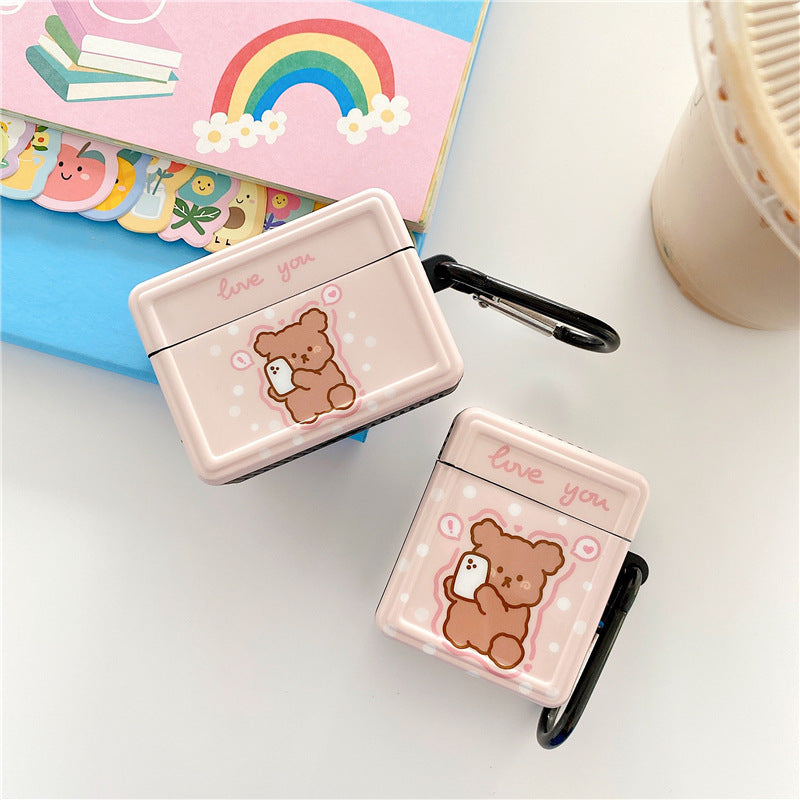 Compatible with Apple, Cute Cartoon Lovely Bear Case For Apple AirPods 2 1 Pro Charging Box Silicone Shell Earphone Protection Cover Box Keyring Fundas