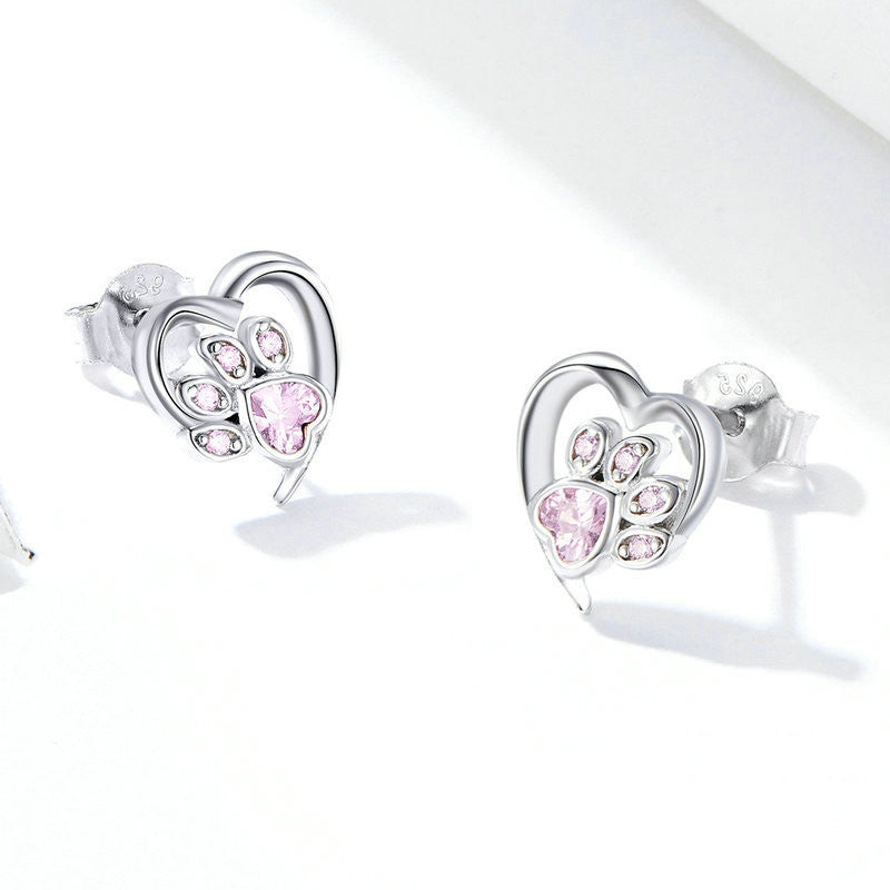 Pet paw print sterling silver stud earrings