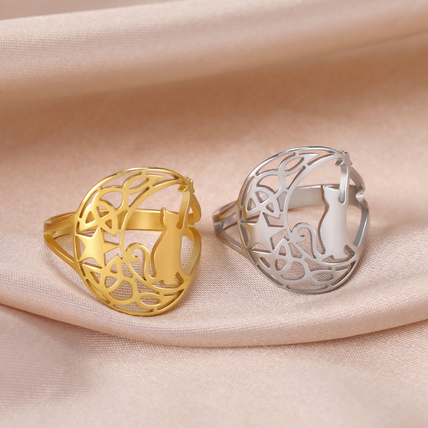 Cute Kitten Star Ring Women's Fashion Animal Stainless Steel Jewelry Knot Ring