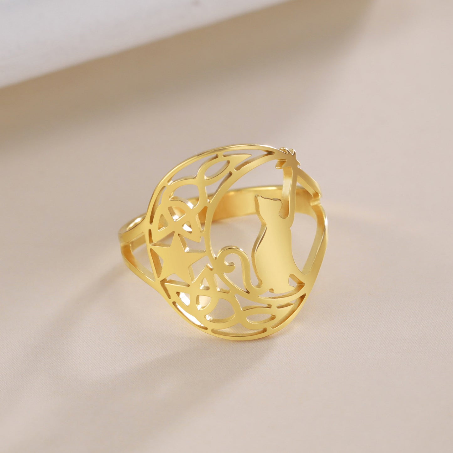 Cute Kitten Star Ring Women's Fashion Animal Stainless Steel Jewelry Knot Ring