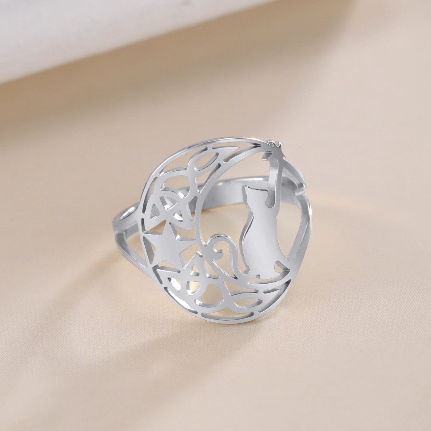 Cute Kitten Star Ring Women's Fashion Animal Stainless Steel Jewelry Knot Ring