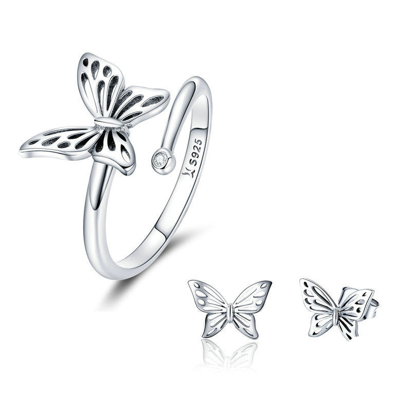 S925 Silver Butterfly Dream Ring Earring Jewelry Set