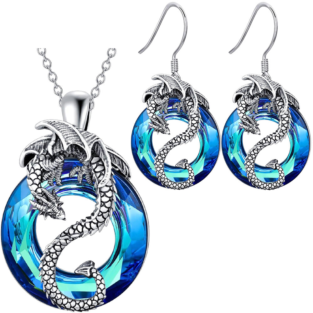 Hollow Crystal Ring Flying Dragon Necklace Earring Set
