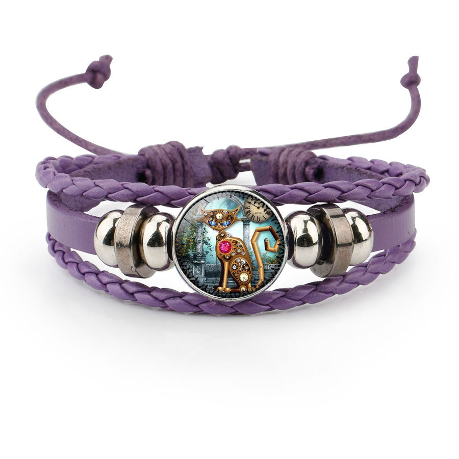 Gear Clock Steampunk Cat Time Stone Hand Weaving Bracelet