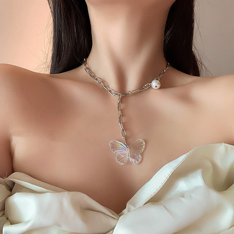 Butterfly Titanium Steel Necklace Necklace Pearl Clavicle Chain