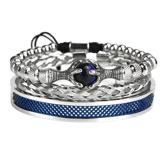 Retro Hollow Eagle Claw Tiger-shaped Stone Roman Letter Woven Stainless Steel Wire Mesh Bracelet Set