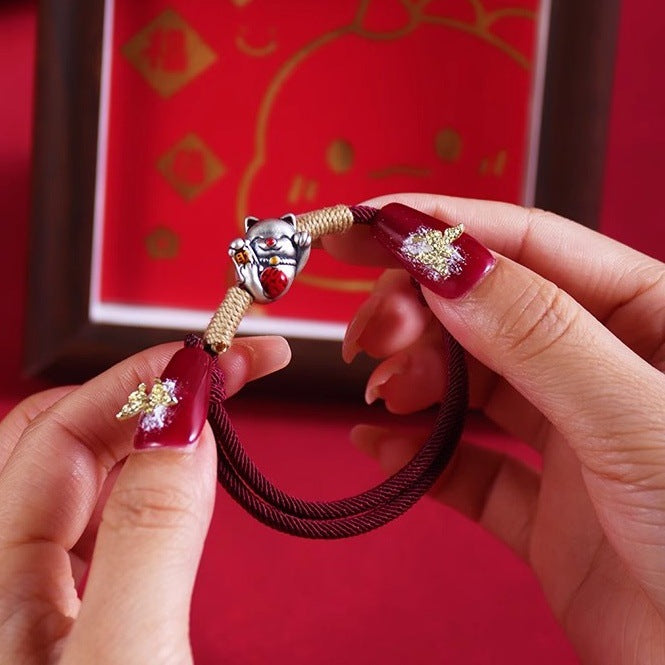 Hand-woven Lucky Cat Fu Character Tibetan Red Rope Bracelet For Women