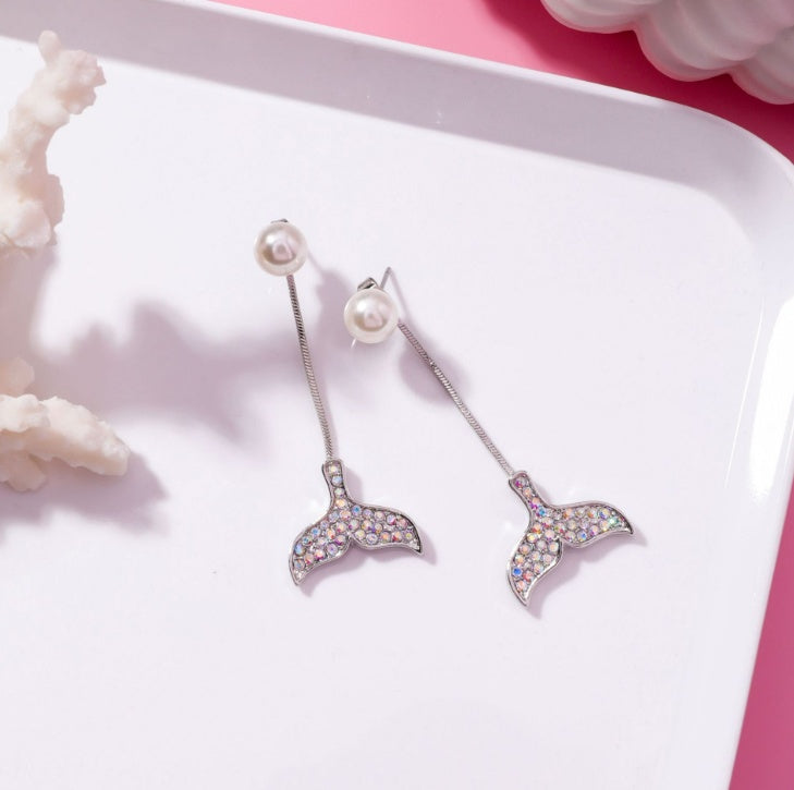 TV series with the same flash drill Dolphin fishtail earrings Pearl Mermaid earrings jewelry gift
