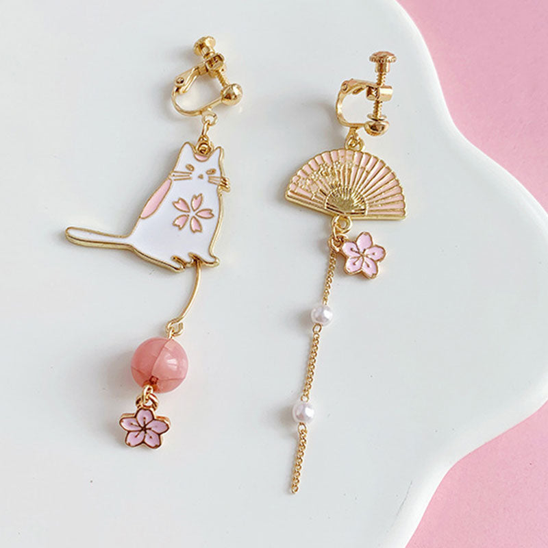 Asymmetrical Stud Earrings Flower Tassel Earring Ear Clip