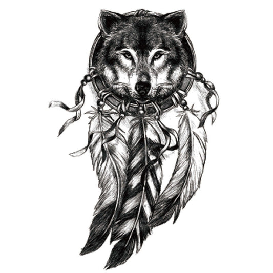 Black Wolf Head Dreamcatcher Fake Tattoo Sticker