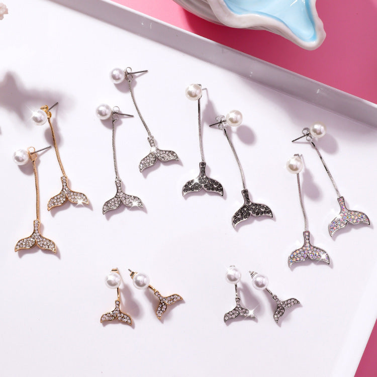 TV series with the same flash drill Dolphin fishtail earrings Pearl Mermaid earrings jewelry gift