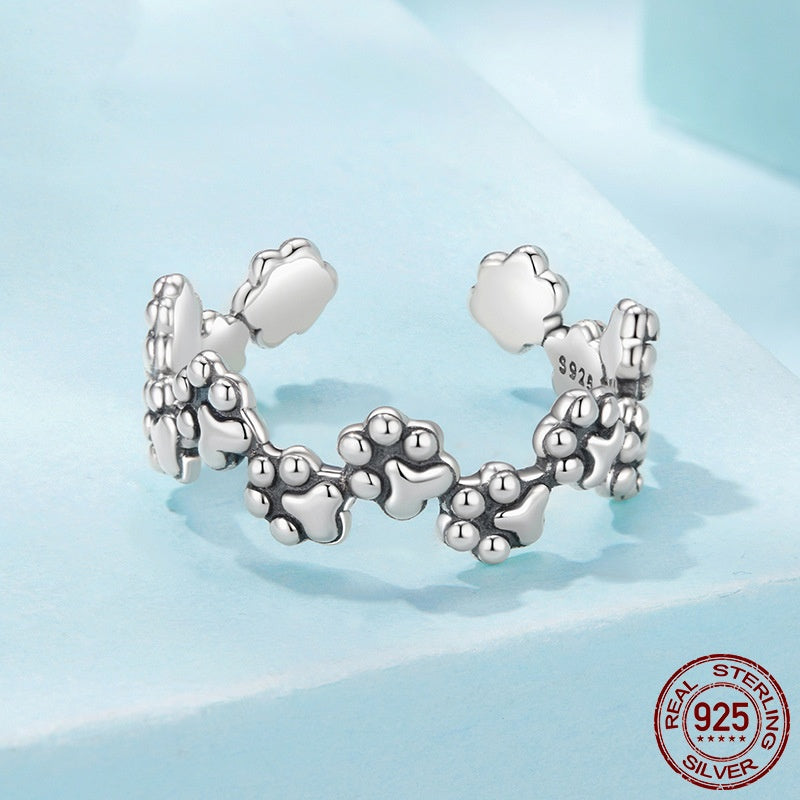 Vintage Pet Cat Paw Print Open S925 Sterling Silver Ring