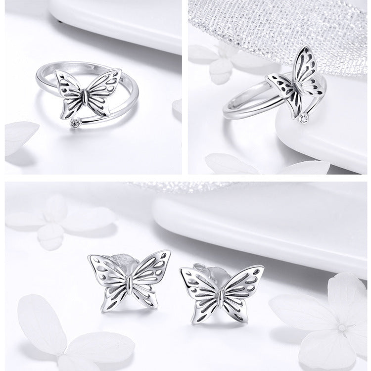 S925 Silver Butterfly Dream Ring Earring Jewelry Set