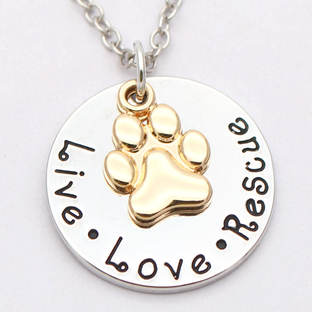 Pet Lover Dog Paw Necklace "Live · Love · Rescue"