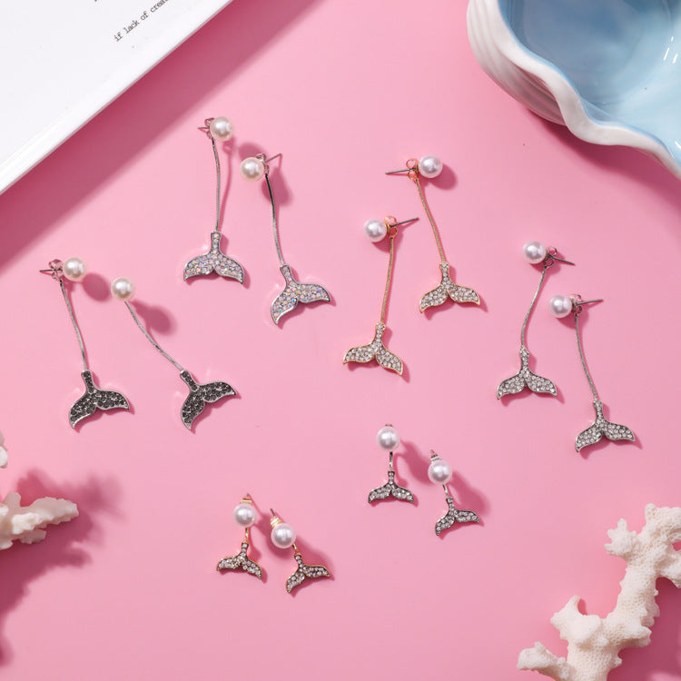 TV series with the same flash drill Dolphin fishtail earrings Pearl Mermaid earrings jewelry gift