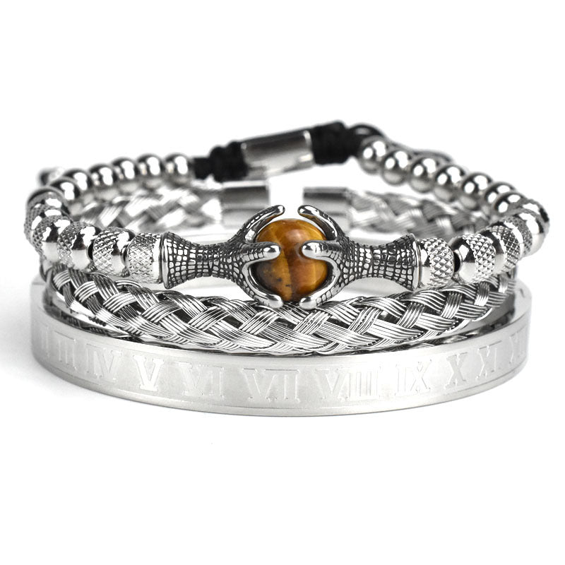 Retro Hollow Eagle Claw Tiger-shaped Stone Roman Letter Woven Stainless Steel Wire Mesh Bracelet Set