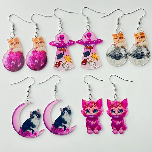 Funny Earrings Acrylic Cat Disco Laser Sphere Moon Alien Universe Fly