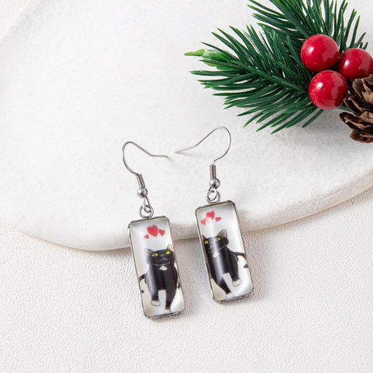Heart-shaped Black Cat Rectangular Time Gemstone Earrings Creative Qquare Animal Earrings