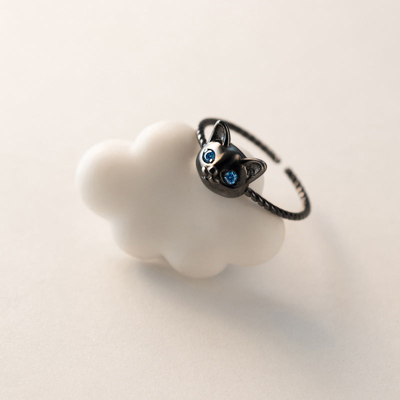 Black Animal Cat Blue Diamond Twist Wreath Ring