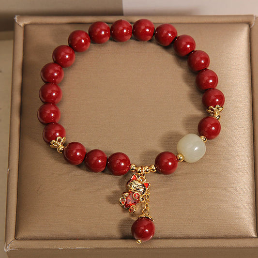 Cinnabar Beaded Lucky Cat Pendant Bracelet