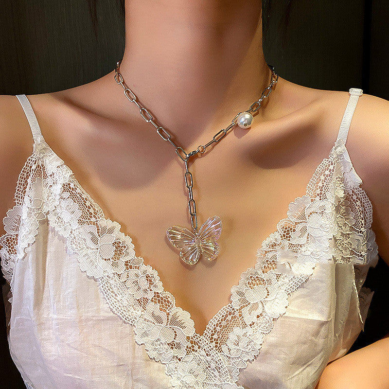 Butterfly Titanium Steel Necklace Necklace Pearl Clavicle Chain