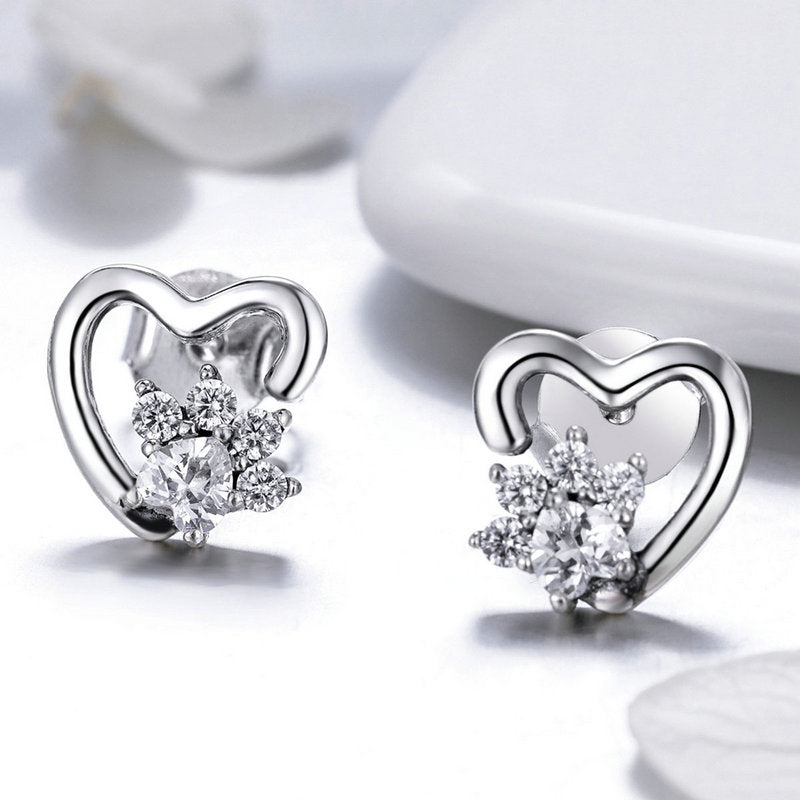 Pet paw print sterling silver stud earrings