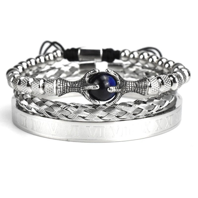 Retro Hollow Eagle Claw Tiger-shaped Stone Roman Letter Woven Stainless Steel Wire Mesh Bracelet Set