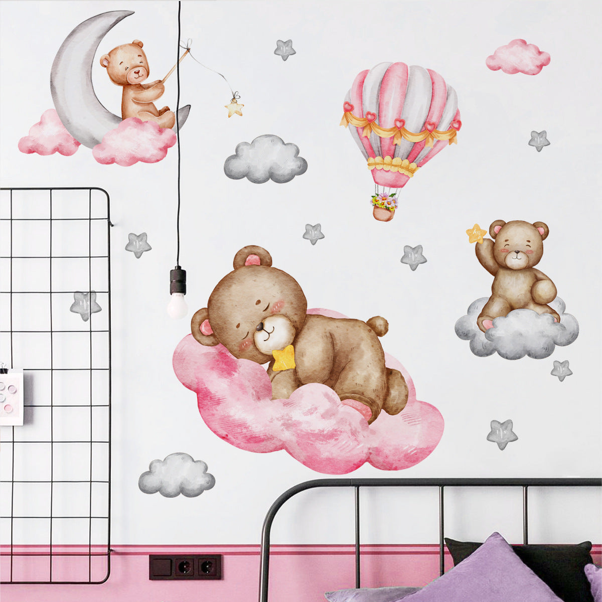 Cartoon Animal Bear Hot Air Balloon Self-adhesive Wall Sticker