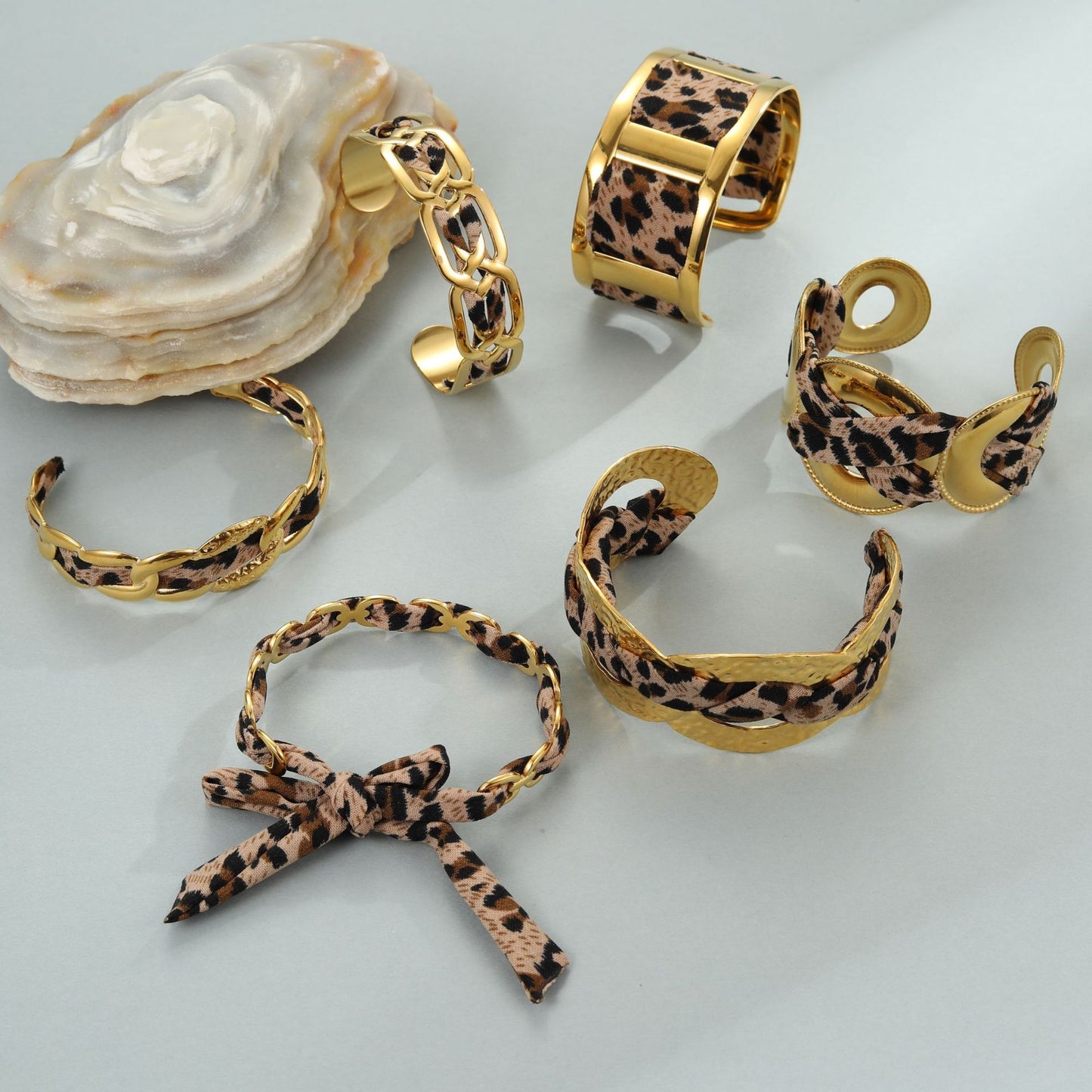 Leopard Ribbon Stainless Steel Bracelet Gold-plated Wide Version