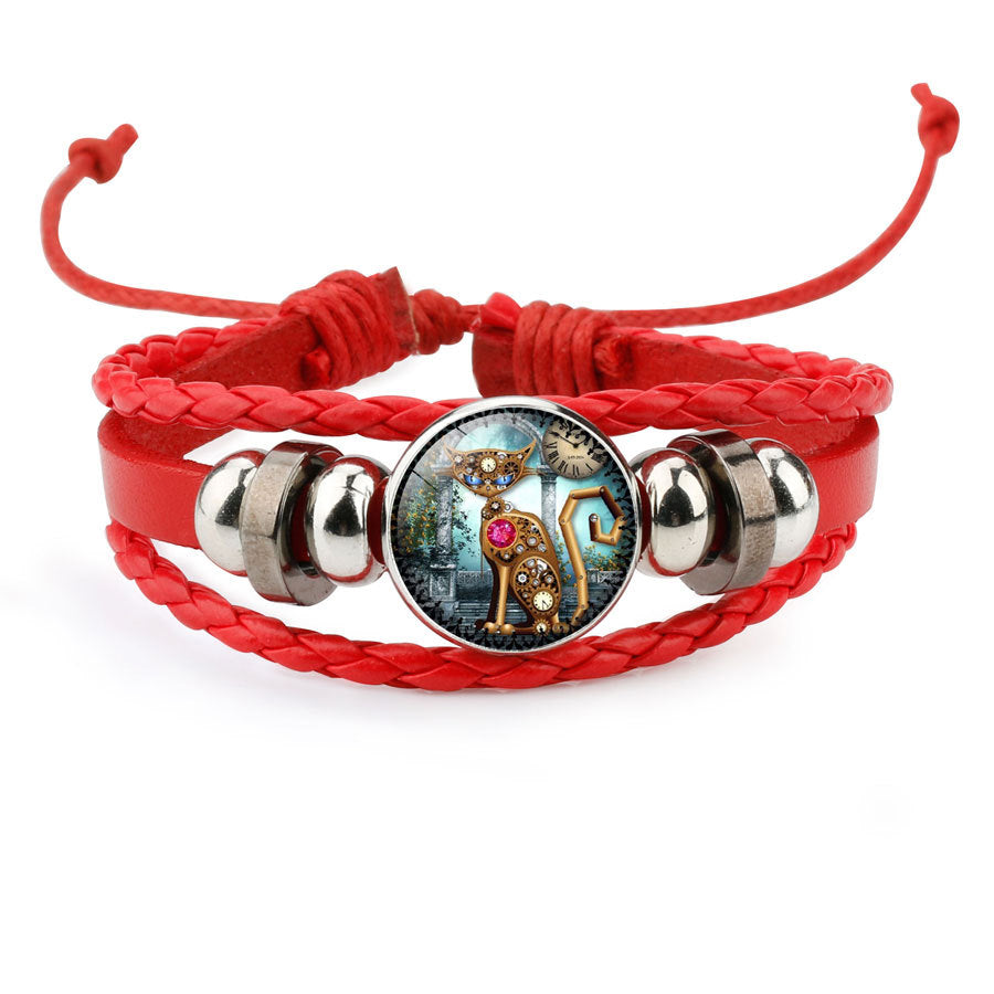 Gear Clock Steampunk Cat Time Stone Hand Weaving Bracelet