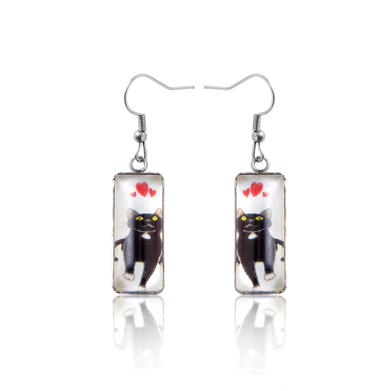 Heart-shaped Black Cat Rectangular Time Gemstone Earrings Creative Qquare Animal Earrings