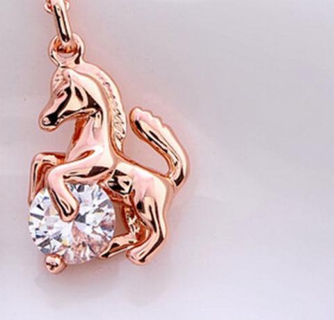 Horse and Crystal Pendant Necklace Gold Silver Rose