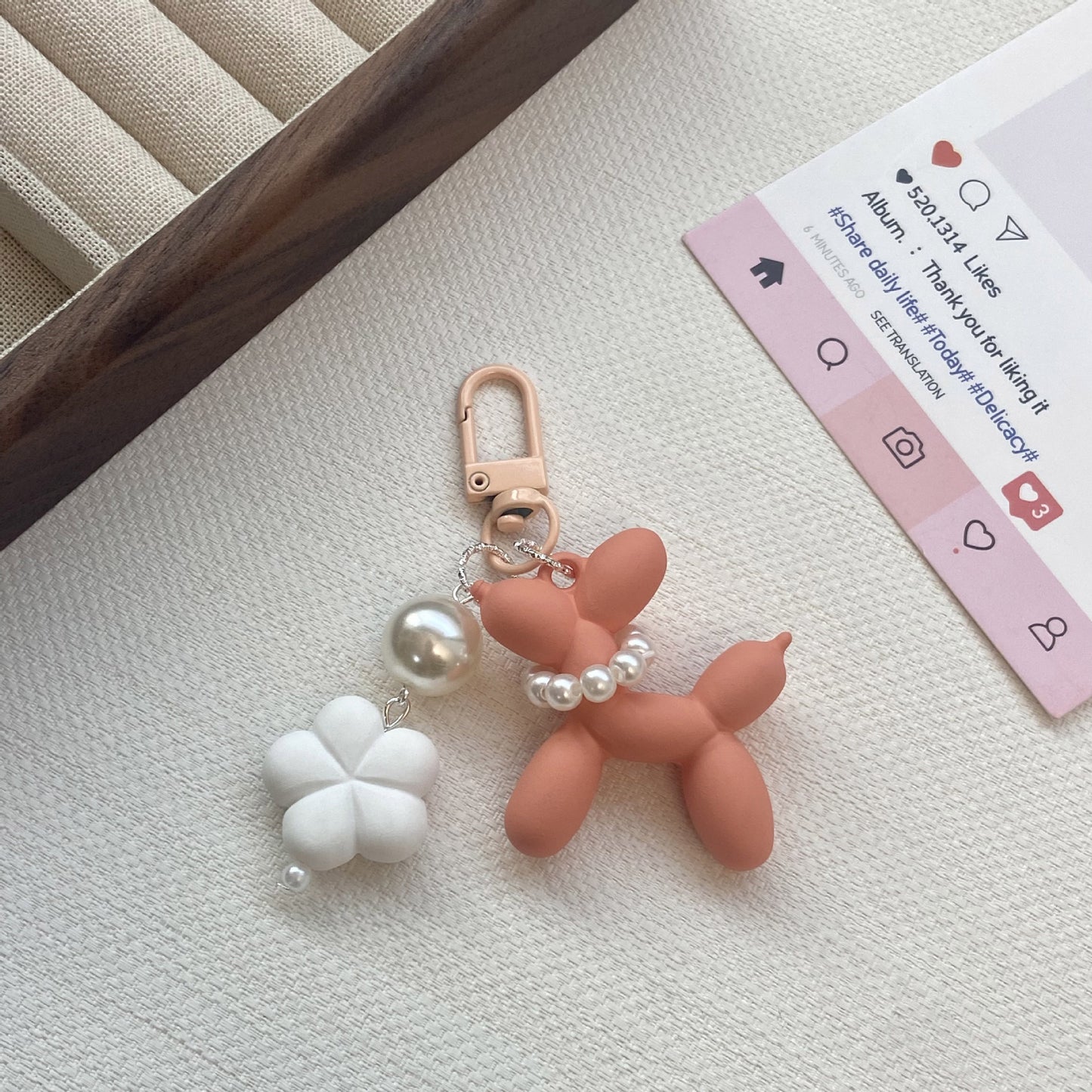 Pearl Balloon Dog Flower Keychain