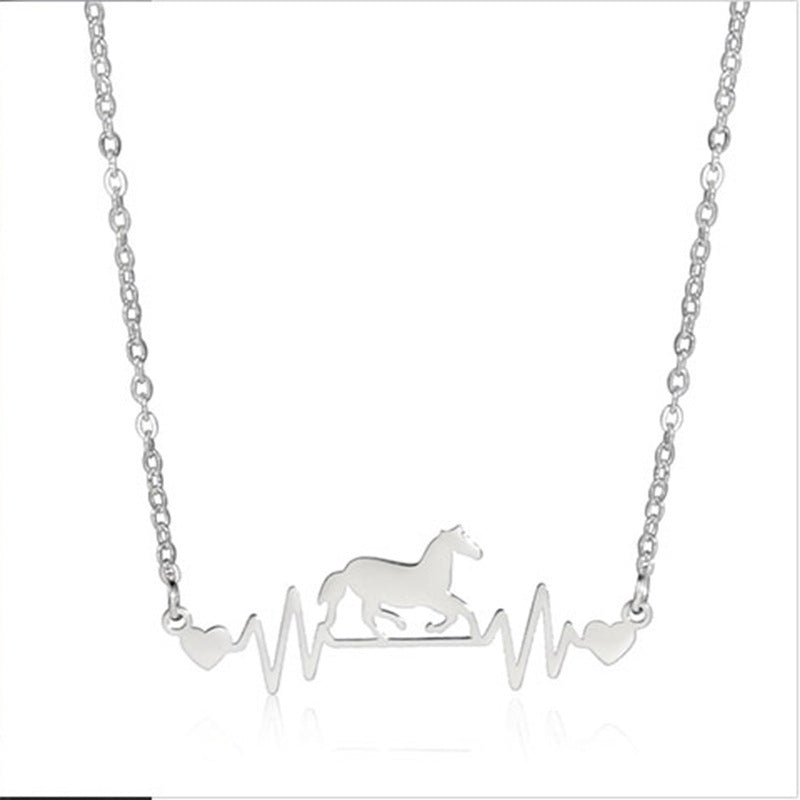 Running Horse Heartbeat ECG Necklace Women's Stainless Steel