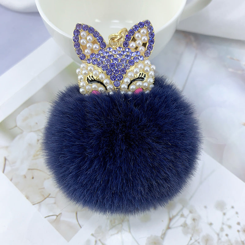 Alloy Pearl Rhinestone Fox Fur Ball Keychain Pendant