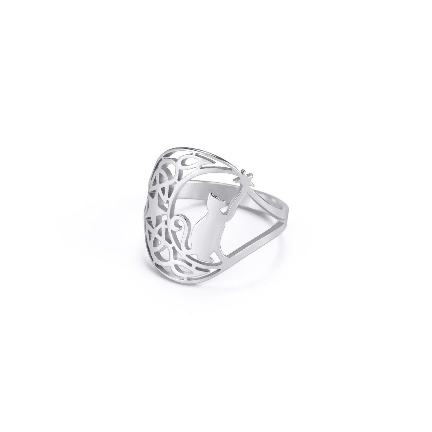 Cute Kitten Star Ring Women's Fashion Animal Stainless Steel Jewelry Knot Ring