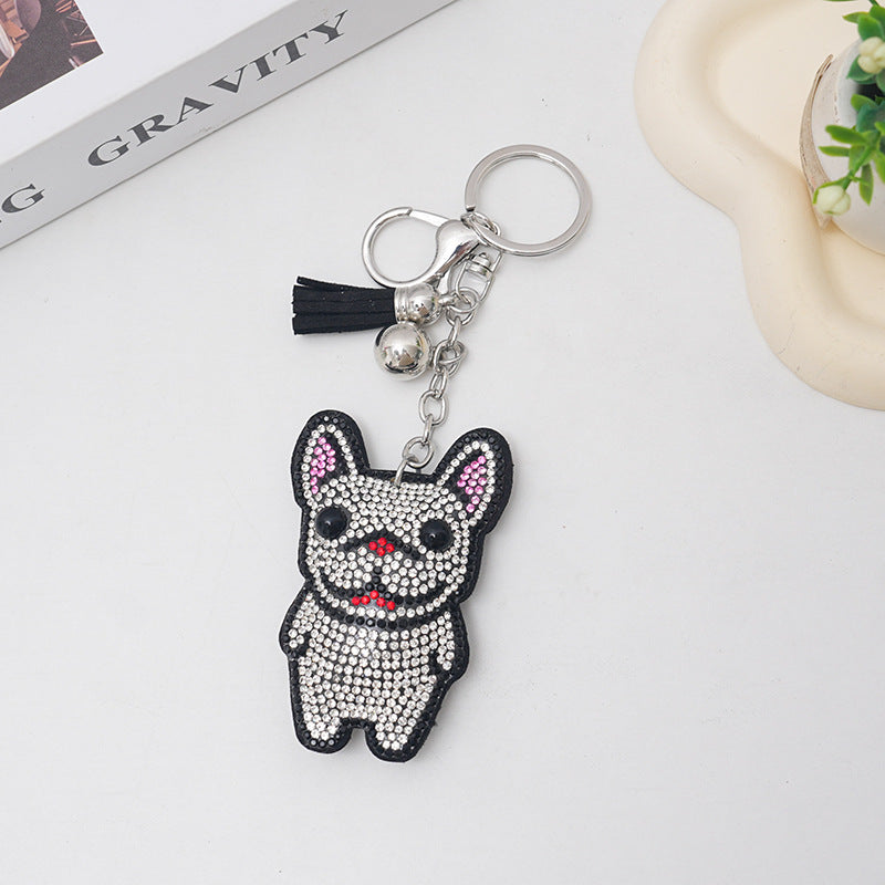 French Dog Rhinestone Keychain Fashion Diamond Bag Tassel Pendant