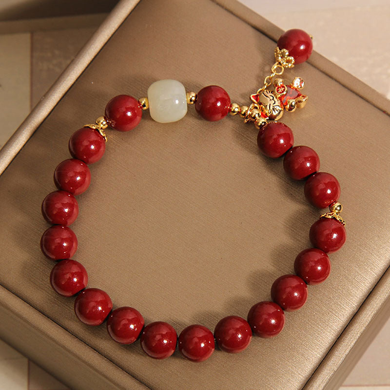 Cinnabar Beaded Lucky Cat Pendant Bracelet