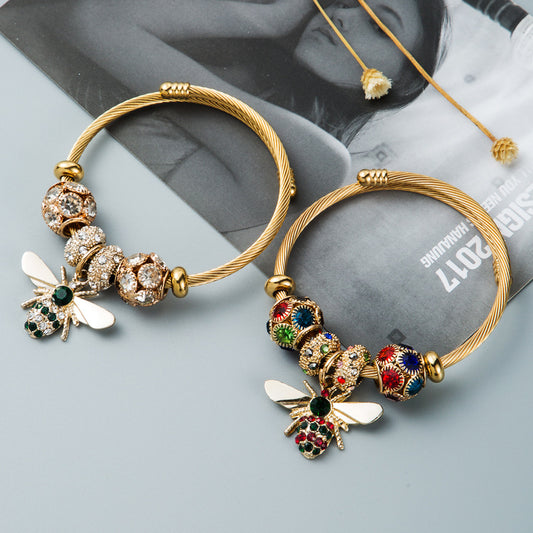 Women's Gold Shiny Diamond Adjustable Bee Bracelet
