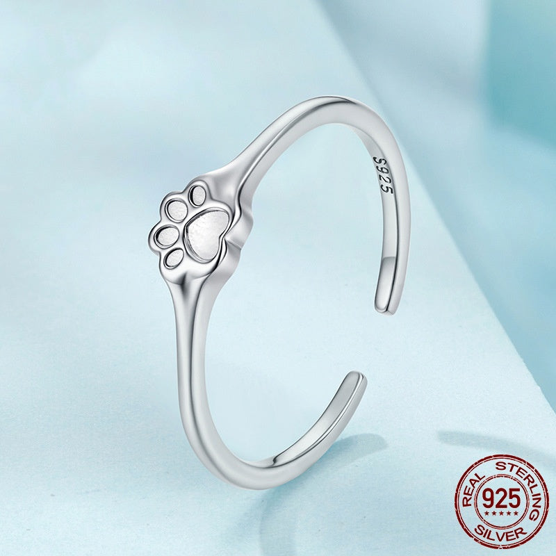 S925 Sterling Silver Cute Pet Paw Print Open Ring