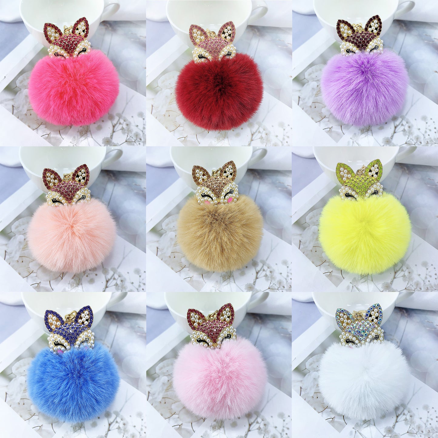 Alloy Pearl Rhinestone Fox Fur Ball Keychain Pendant