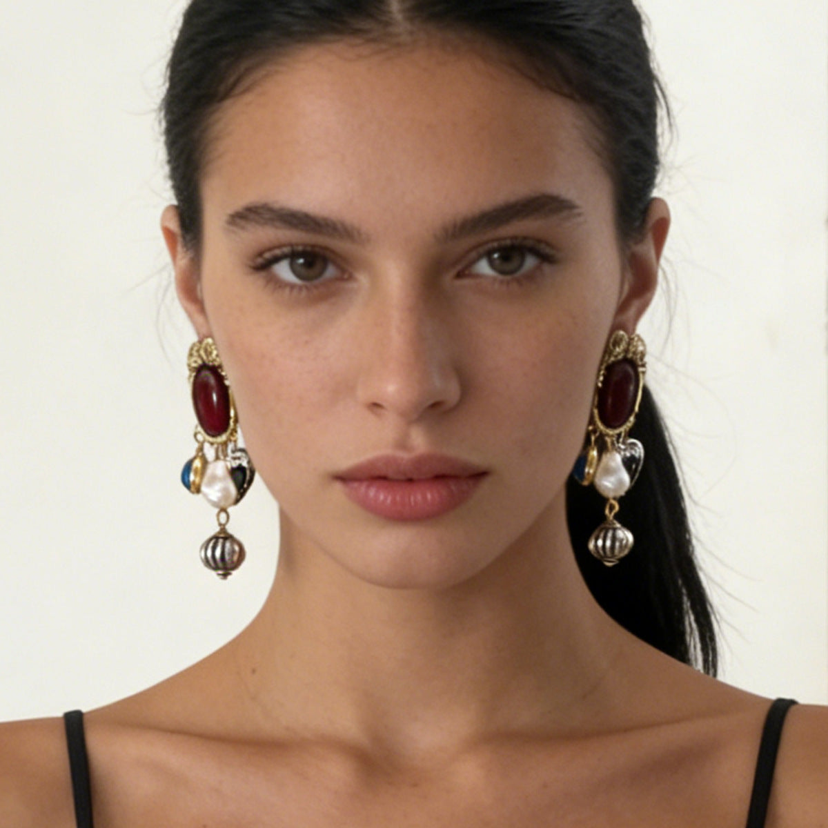 Retro Gemstone Animal Metal Pictogram Pendant Earrings