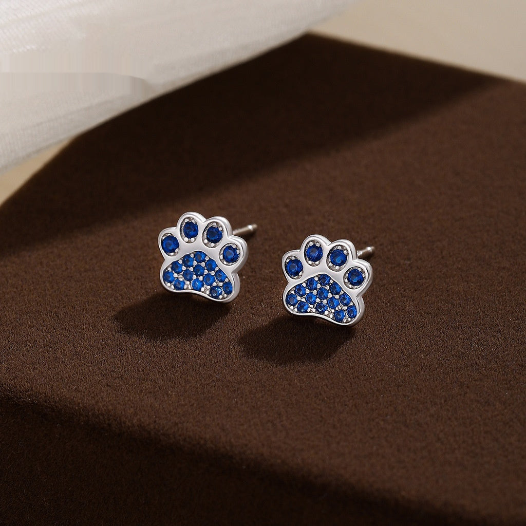 New Simple S925 Silver Blue Diamond Cat's Paw Stud Earrings