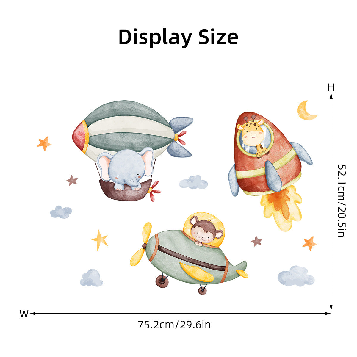 Cartoon Cute Elephant Animal Rocket Hot Air Balloon Wall Sticker