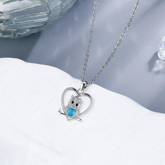 European And American Blue Heart Jewelry Owl Pendant Necklace