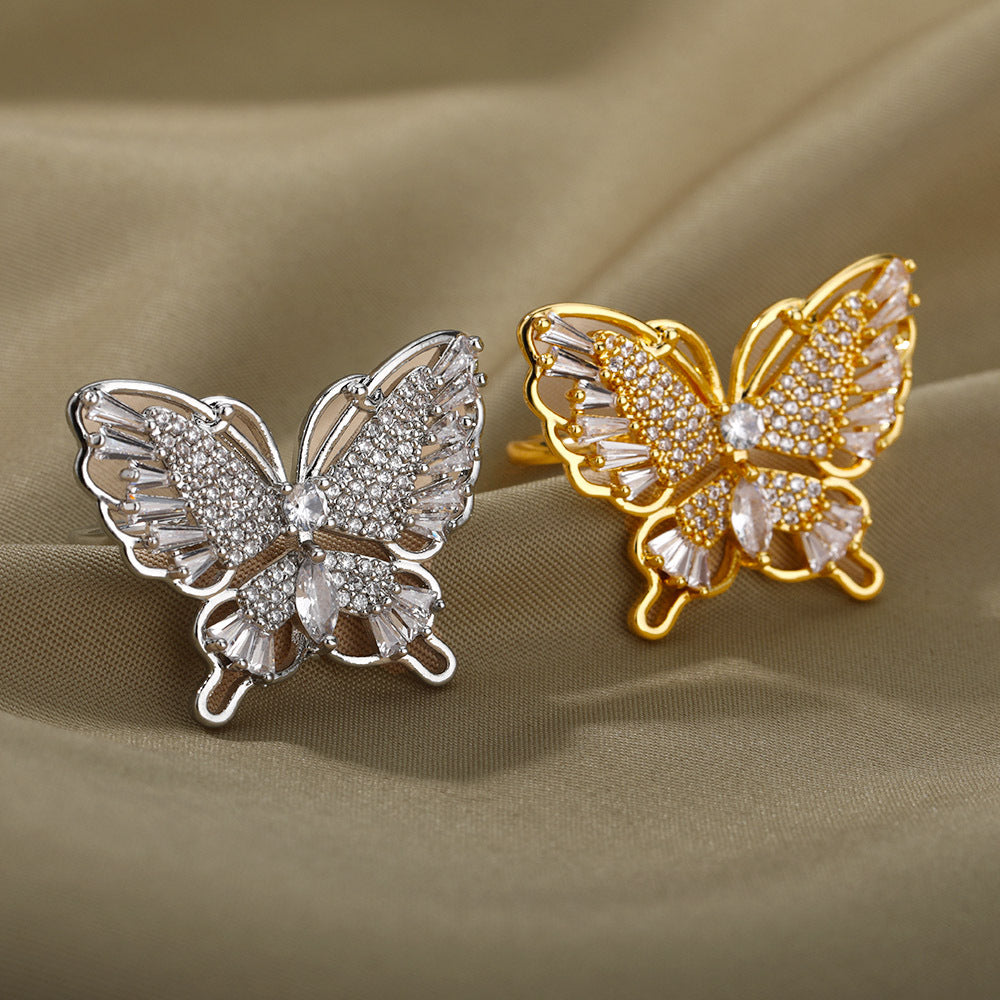 Personality Zircon Butterfly Ring Exquisite Three-dimensional Ring Adjustable Ring Open Ring Women