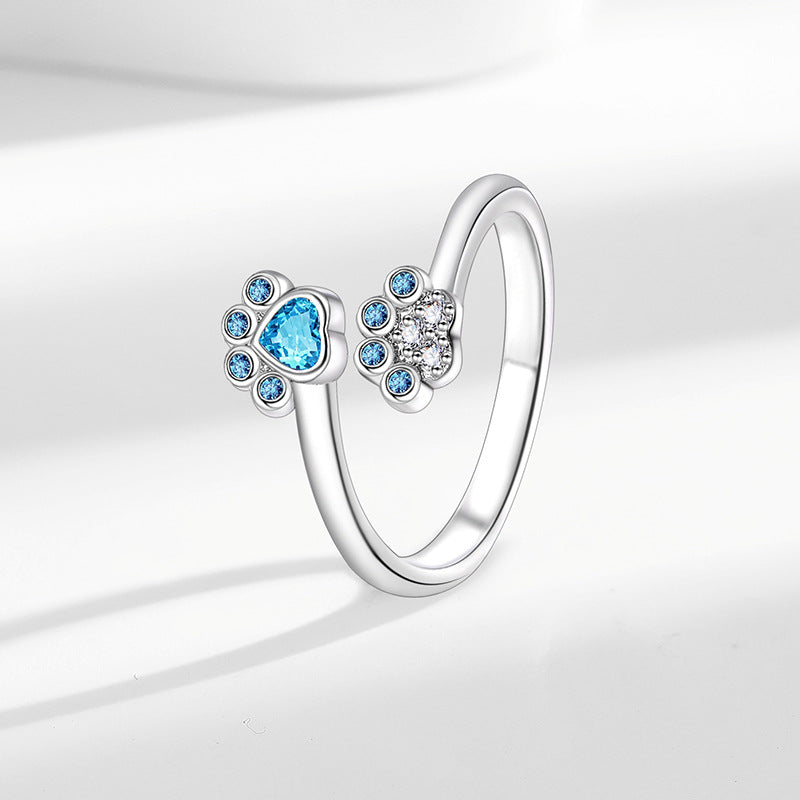 Cute Pet Paw Print Ring Female Fashion Color Zircon Ring