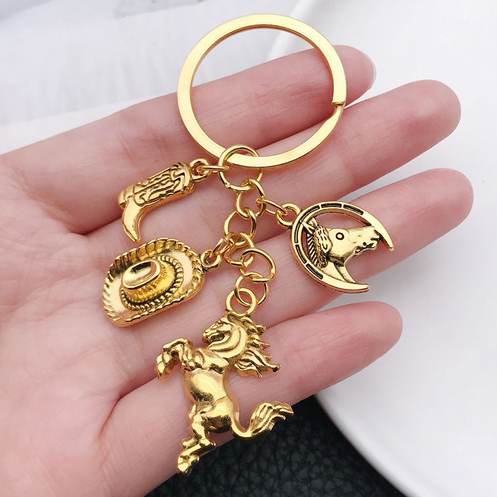Ancient & Gold Western Cowboy Hat Boots Horse Keychain