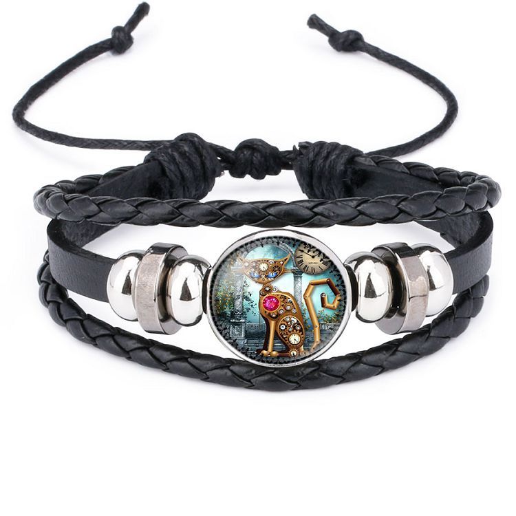 Gear Clock Steampunk Cat Time Stone Hand Weaving Bracelet