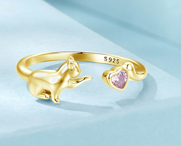 Original Pink Loves And Cats Open Ring Sweet Cute Animal